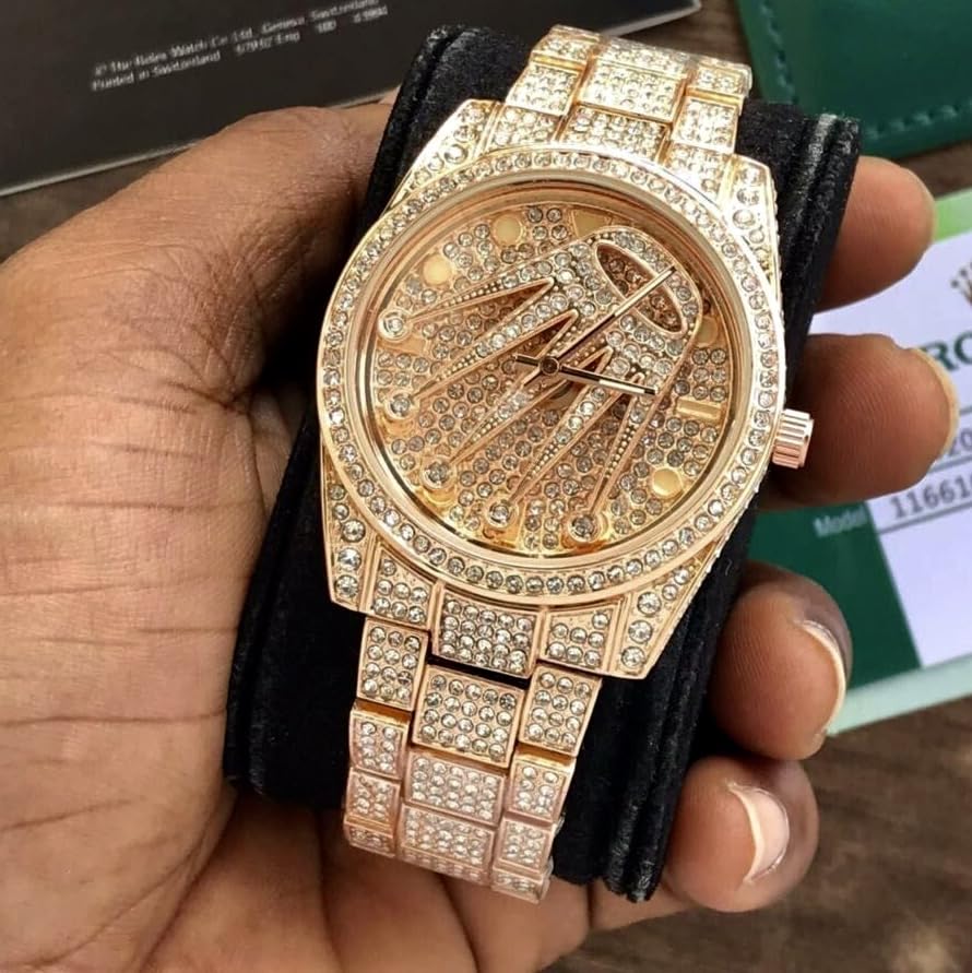 Safisha Men's Luxury Diamond Plated Rose Gold Rotating Dial Water-Resistant Watch