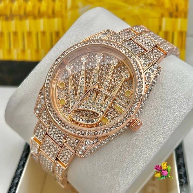 Safisha Men's Luxury Diamond Plated Rose Gold Rotating Dial Water-Resistant Watch