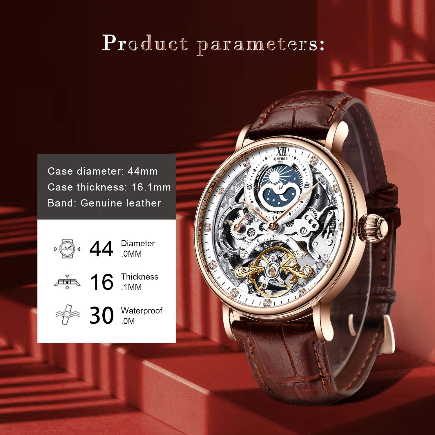 IK Colouring Men's Automatic Luminous Skeleton Mechanical Watch, Brown Leather