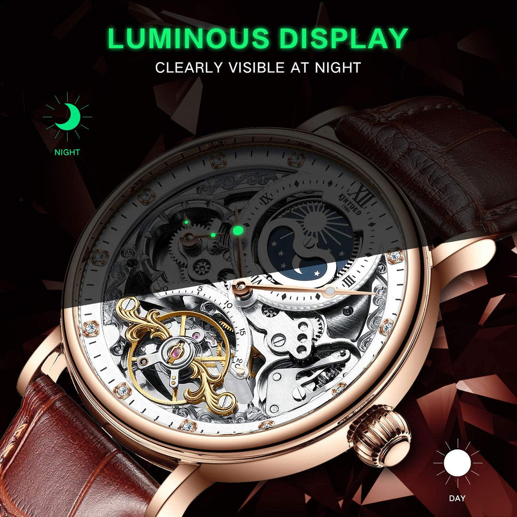 IK Colouring Men's Automatic Luminous Skeleton Mechanical Watch, Brown Leather