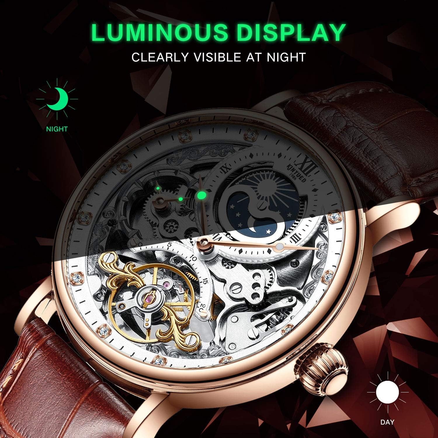 IK Colouring Men's Automatic Luminous Skeleton Mechanical Watch, Brown Leather