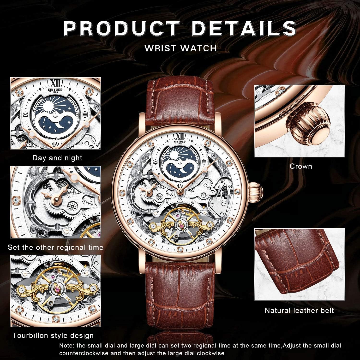 IK Colouring Men's Automatic Luminous Skeleton Mechanical Watch, Brown Leather