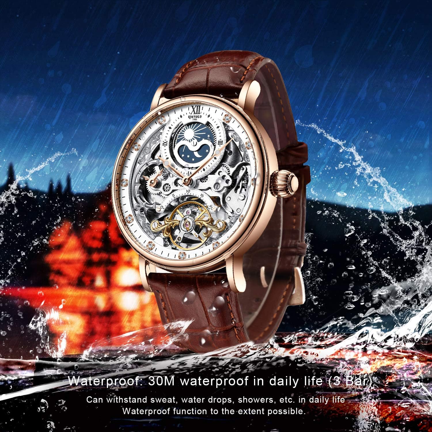 IK Colouring Men's Automatic Luminous Skeleton Mechanical Watch, Brown Leather